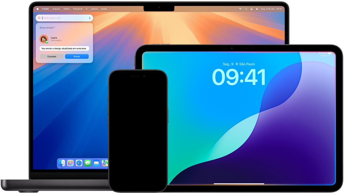 Um Mac, um iPad e um iPhone mostram os novos recursos da Siri impulsionados pela Apple Intelligence.