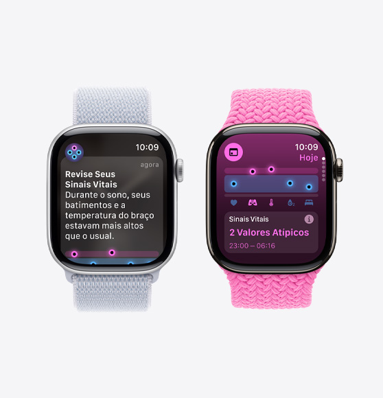 Um Apple Watch Series 10 com uma notificação para revisar os sinais vitais e outro Apple Watch Series 10 mostrando dois valores atípicos no app Sinais Vitais.