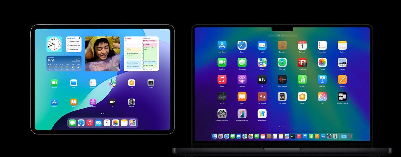 Um iPad e um Mac exibem diversos ícones de app. O iPad exibe diversos widgets, incluindo Calendário, Tempo e Fotos.