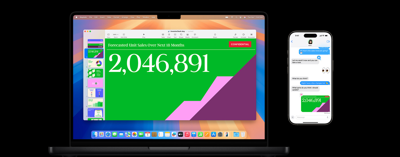 Uma apresentação exibida na tela de um Mac e uma troca de mensagens com um link para a apresentação.