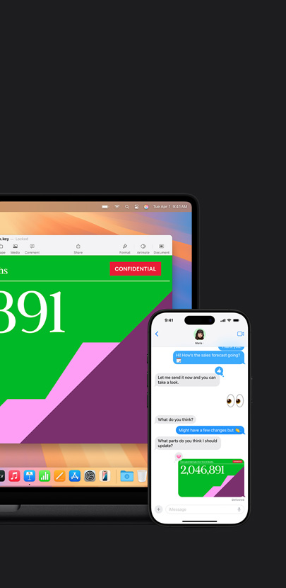 Um Mac com uma apresentação na tela. Na frente do Mac está um iPhone com uma troca de mensagens e uma apresentação compartilhada.