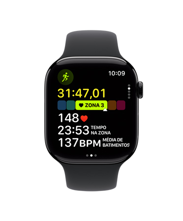 A tela de um Apple Watch Series 10 com pulseira esportiva preta mostra Corrida ao Ar Livre com Zonas de Batimentos Cardíacos no app Exercício