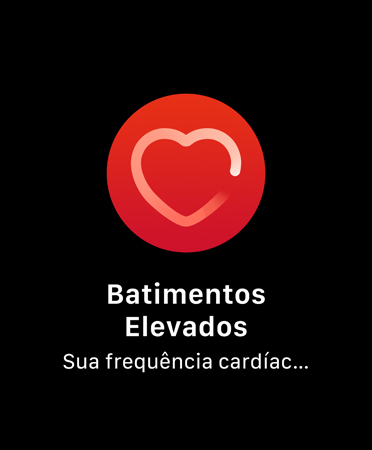 A interface da Notificação de Batimentos Altos mostra 'Batimentos Elevados, Sua frequência cardíaca esteve acima de 120 BPM enquanto você não se movimentou por 10 minutos, a partir de 09h59.'