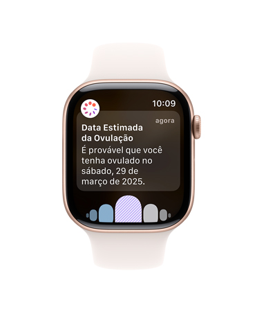 A tela de um Apple Watch Series 10 com pulseira esportiva branca mostra a estimativa de ovulação
