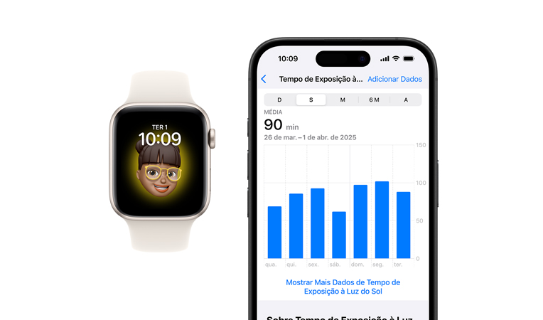A tela de um Apple Watch SE com pulseira esportiva branca mostra o Relógio e um Memoji, ao lado está a tela de um iPhone 16 mostrando o gráfico do Tempo de Exposição à Luz do Sol no app Saúde
