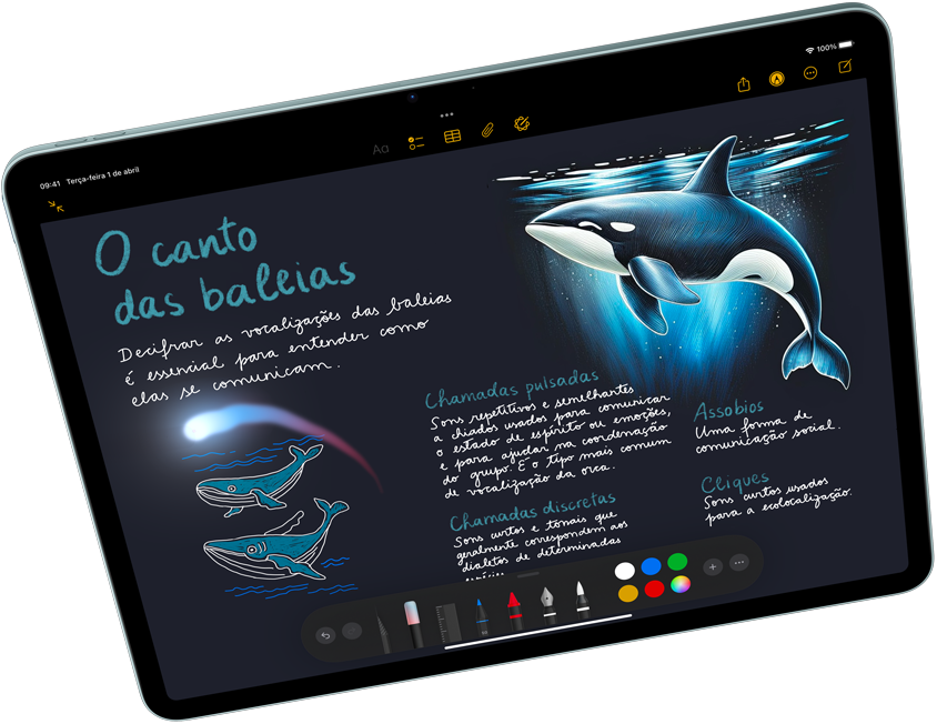 Imagem de um iPad Air na horizontal mostrando a Apple Intelligence com Image Playground, Keynote e Apple Pencil Pro.