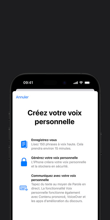 Écran d’un iPhone 16 Pro montrant la fonctionnalité Voix personnelle et des directives pour créer sa propre voix