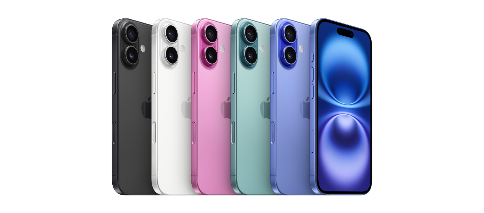 Vue arrière d’iPhone 16, les cinq finis offerts, noir, blanc, rose, sarcelle, bleu outremer, et vue avant d’un iPhone 16 bleu outremer