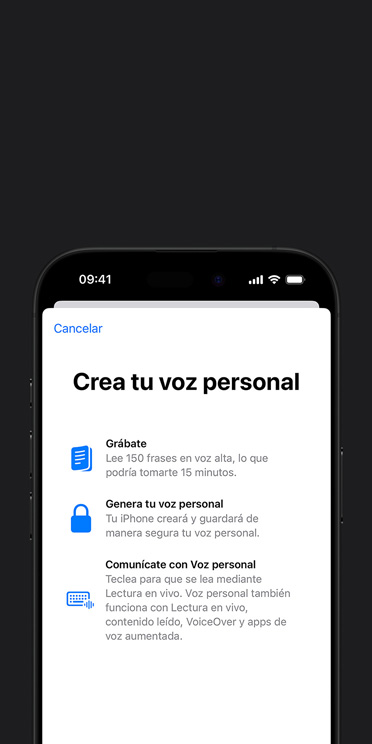Pantalla de un iPhone 16 Pro que muestra la funcionalidad Voz Personal con instrucciones sobre cómo crearla