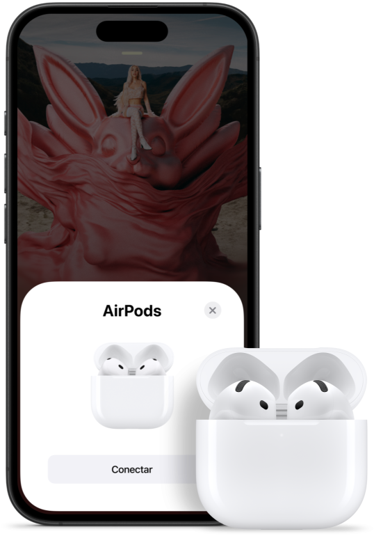 Animación de un estuche de carga abierto con los AirPods 4 en su interior junto a un iPhone que muestra que los audífonos se han conectado.