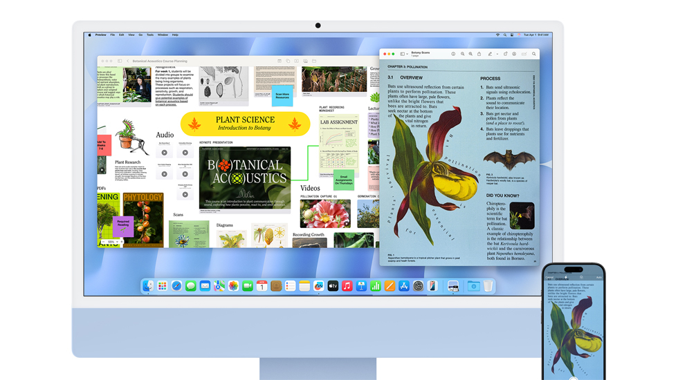 Un iMac y un iPhone muestran contenido con colores vivos.