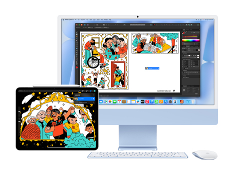 Una ilustración divertida y con colores vivos en un iPad y en la pantalla de un iMac. En el iMac, la ilustración aparece dentro de una app de diseño.