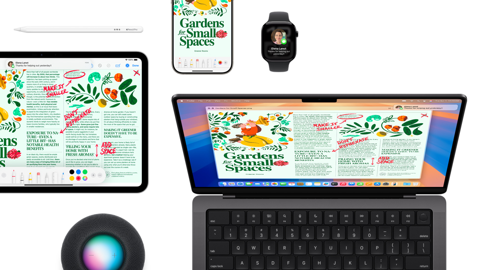 Un conjunto de dispositivos que incluye un iPad, un iPhone, un Apple Watch y un Mac, todos con el mismo contenido en la pantalla.