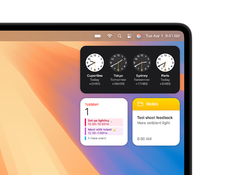 En un computador de escritorio Mac se muestran diferentes widgets, como Reloj, Calendario, Notas y Clima.