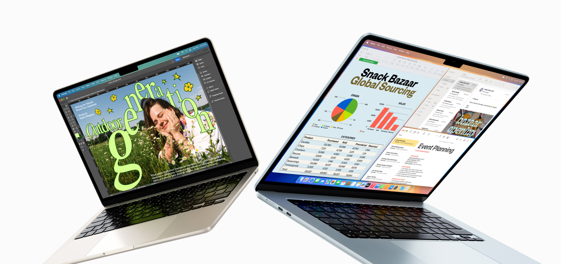 Un MacBook Air de 13 pulgadas y un MacBook Air de 15 pulgadas parcialmente abiertos. Una pantalla muestra un trabajo de diseño en progreso y la otra, varias tareas que se realizan al mismo tiempo, con emails y hojas de cálculo