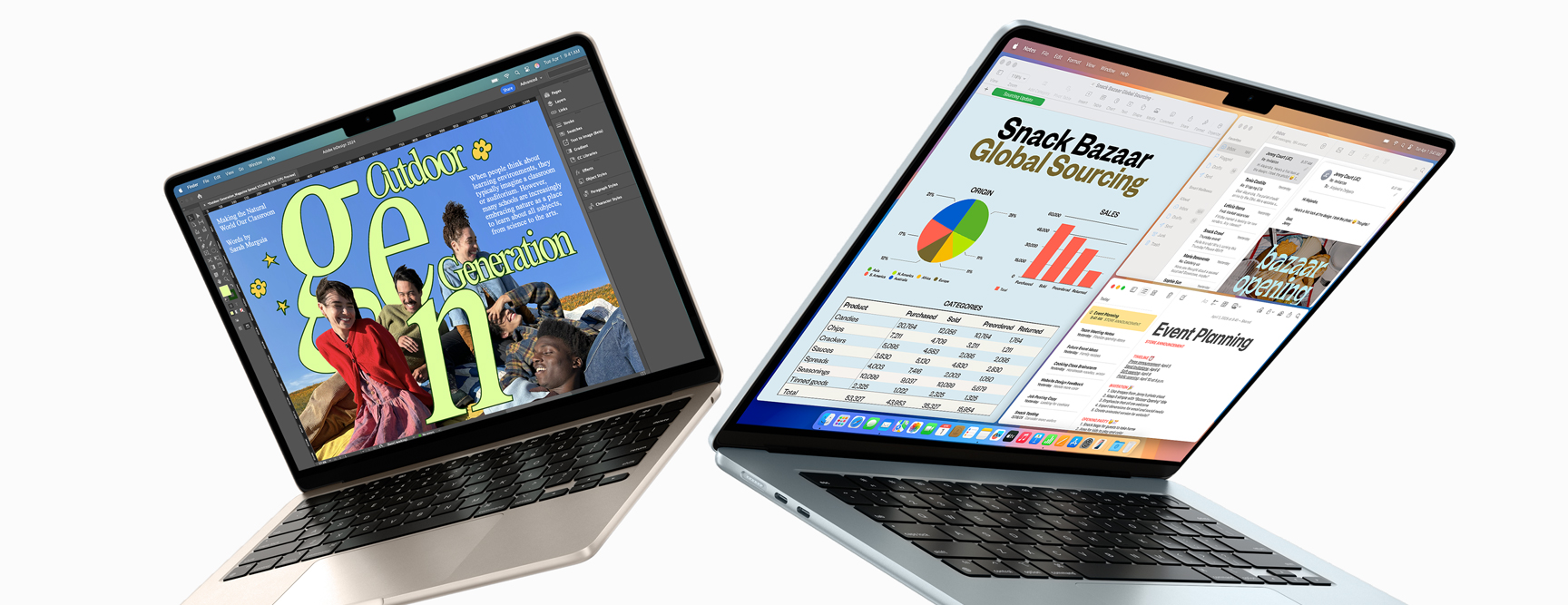 Un MacBook Air de 13 pulgadas y un MacBook Air de 15 pulgadas parcialmente abiertos. Una pantalla muestra un trabajo de diseño en progreso y la otra, varias tareas que se realizan al mismo tiempo, con emails y hojas de cálculo