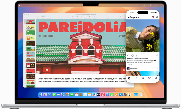 Demostración de la app Duplicación del iPhone, con la pantalla de un iPhone que aparece en la pantalla de un MacBook Air