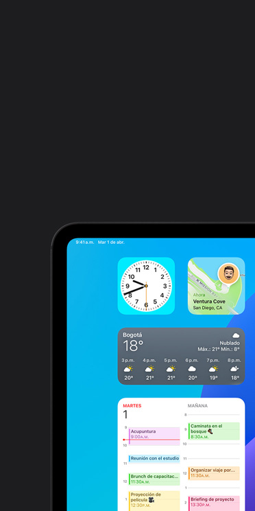 Funcionalidad VoiceOver en la pantalla de un iPad Pro que muestra el widget de la app Clima con la salida de audio: “Clima, Bogotá 18 grados”