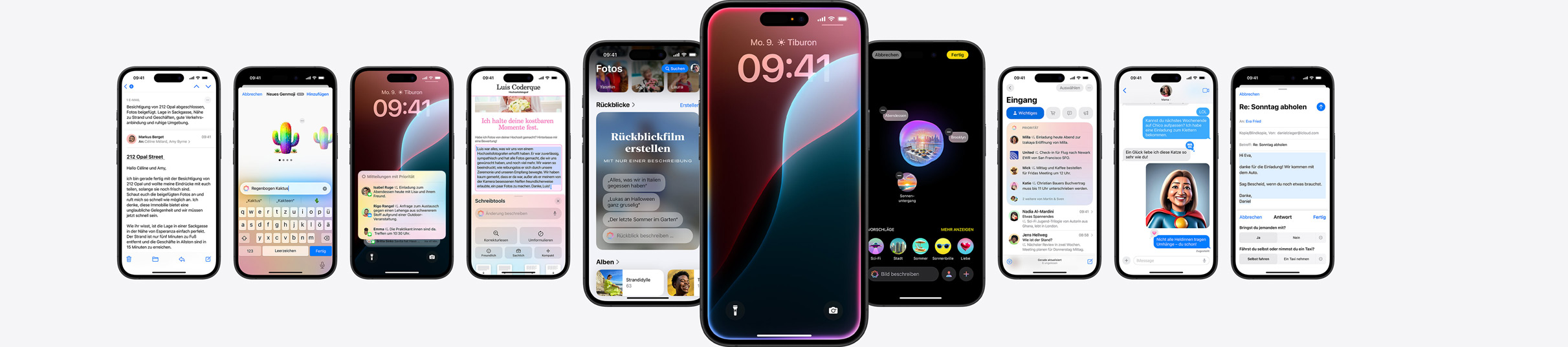 Statisches Bild mehrerer iPhones, die Apple Intelligence Features zeigen.