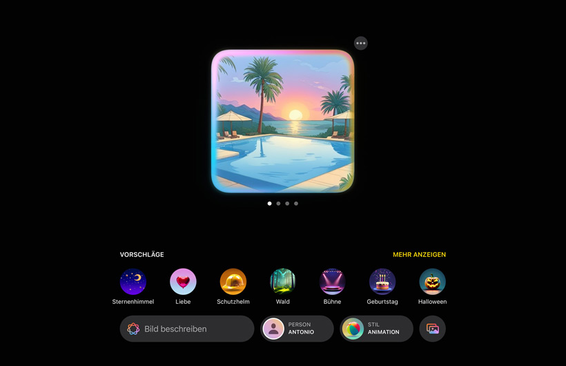 Die Benutzeroberfläche von Image Playground zeigt einen Pool in einer tropischen Landschaft mit einem Sonnenuntergang im Hintergrund und Vorschlägen für weitere Elemente, die dem Bild hinzugefügt werden können.