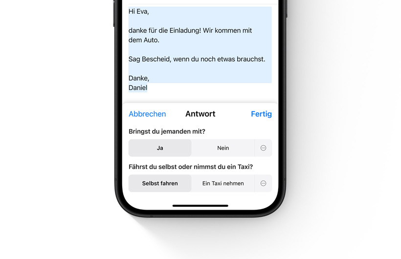 Optionen für intelligente Antworten in der Mail App auf einem iPhone.