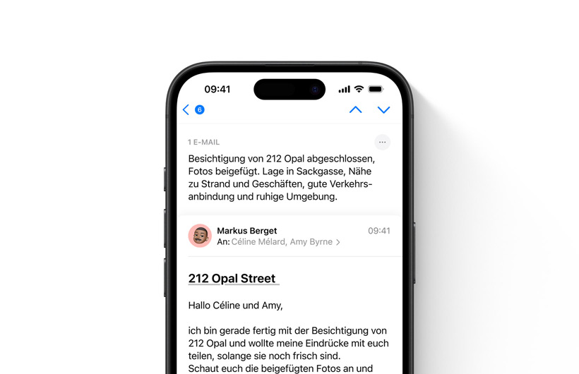 Eine E‑Mail in der Mail App mit einer Zusammenfassung wird ganz oben angezeigt.