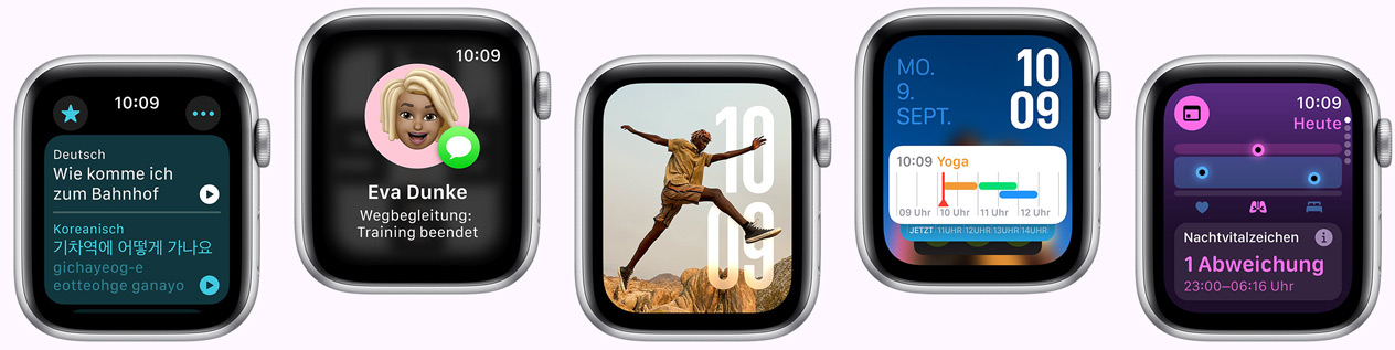 Fünf Apple Watch mit Übersetzen App, Wegbegleitung App, Fotos Zifferblatt, Modular Zifferblatt und Vitalzeichen App auf den Displays