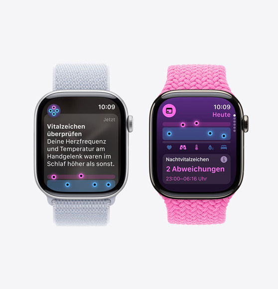 Eine Mitteilung zur Überprüfung deiner Vitalzeichen auf einer Apple Watch Series 10 und die Vitalzeichen App zeigen im Schlaf erfasste Vitalzeichen mit zwei Abweichungen auf der Apple Watch Series 10.