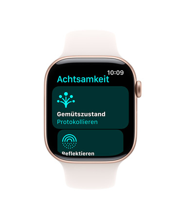 Apple Watch Series 10, weißes Sportarmband, Vorderansicht, Display-Inhalt: Achtsamkeit, Gemütszustand, Protokoll