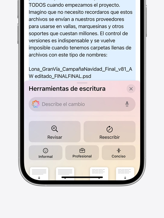 Un iPhone 16 Pro con la interfaz de Herramientas de Escritura de Apple Intelligence.