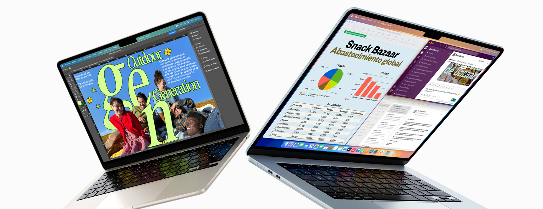 Un MacBook Air de 13 pulgadas y otro de 15 pulgadas, ambos semiabiertos. La pantalla del primero muestra un proyecto de diseño en curso, y la pantalla del segundo muestra una hoja de cálculo y la app Mail utilizándose al mismo tiempo.