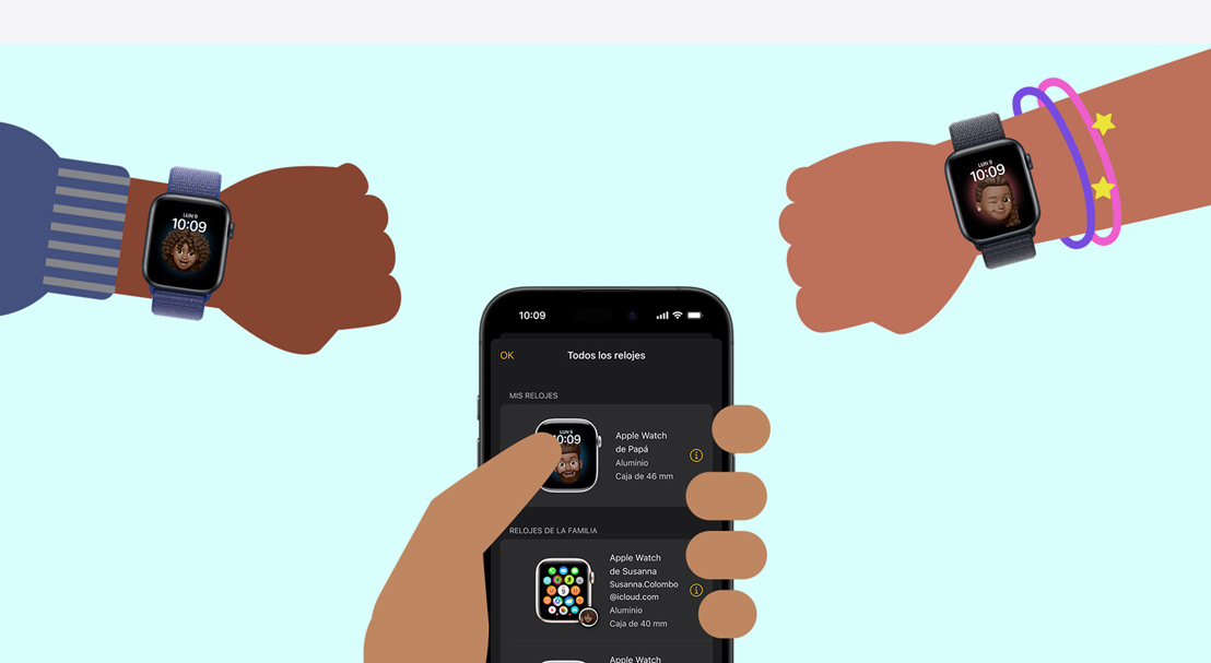 Ilustración de las manos de un niño y una niña con un Apple Watch SE y la mano de una persona adulta configurando Apple Watch para tus Peques en un iPhone 16.