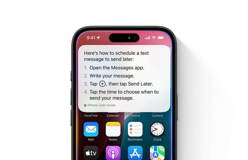 Ein iPhone zeigt eine Schritt-für-Schritt Anleitung, wie eine Textnachricht später gesendet werden kann
