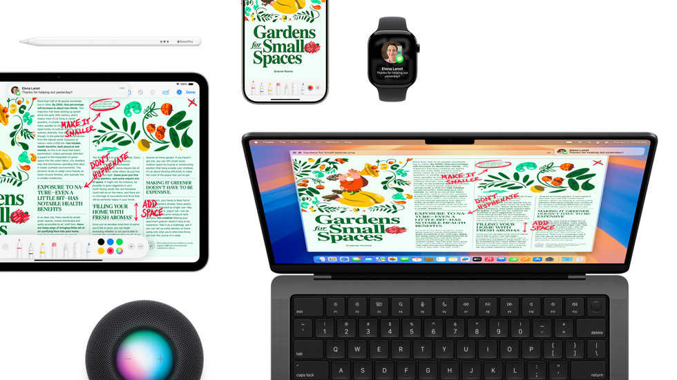 Una serie di dispositivi tra cui iPad, iPhone, Watch e Mac, tutti con lo stesso contenuto.