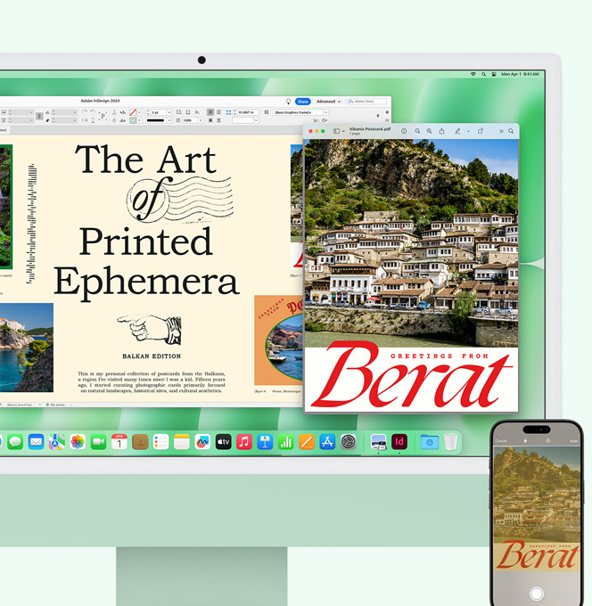 En grön iMac bredvid en iPhone. Ett dokument som har skannats på iPhone visas på iMac-skärmen