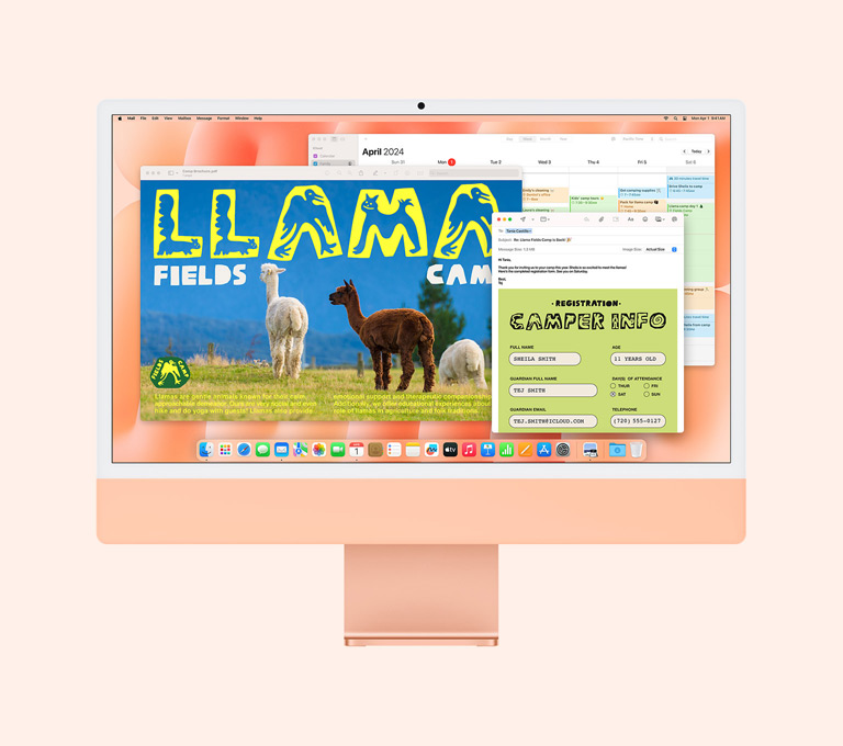 Orange iMac med apparna Förhandsvisning, Mail och Kalender.