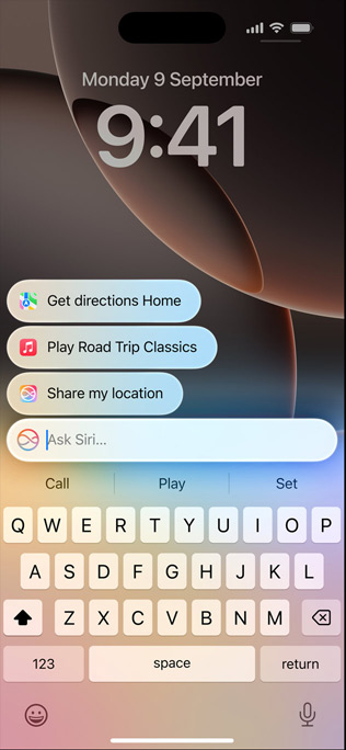 iPhone 16 Pro mit neu gestaltetem Siri und der Funktion «Siri Anfragen tippen».