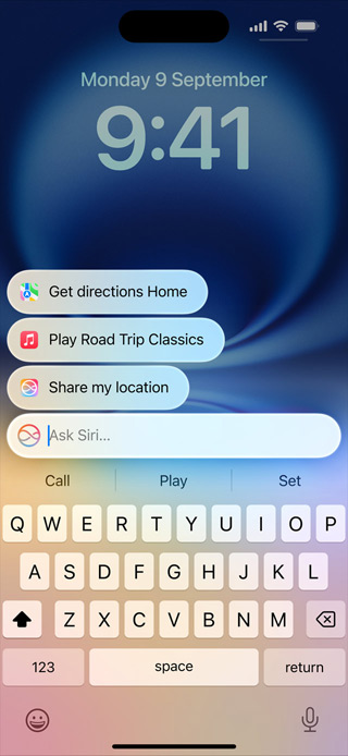 Uudistettu Siri ja Kirjoita Sirille ‑toiminto näkyvillä iPhonessa.