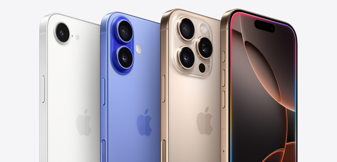 Four iPhone devices, iPhone 16 Pro in Desert Titanium colour showing three camera lenses, behind another iPhone 16 Pro showing the Dynamic Island, followed by iPhone 16 in Ultramarine colour showing two camera lenses, and iPhone 16e in White colour showing one camera lens.