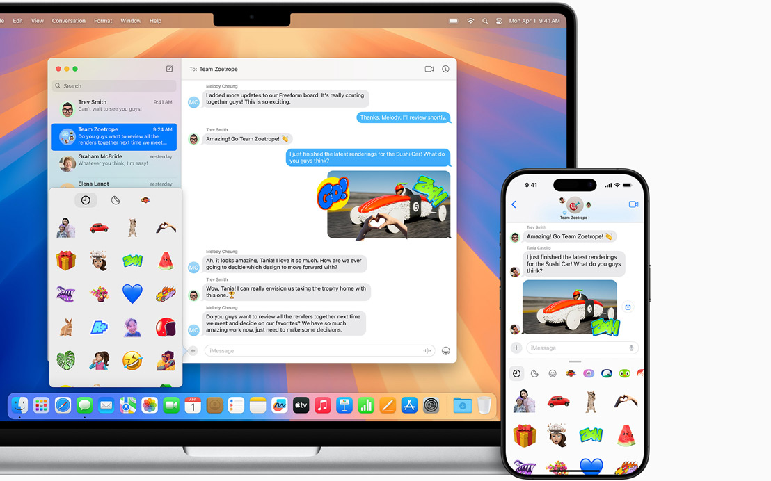Ein aufgeklappter Mac Laptop und ein iPhone daneben zeigen die Nutzung der Nachrichten App auf beiden Displays, wo jeweils dieselben Bilder und derselbe Text dargestellt wird.
