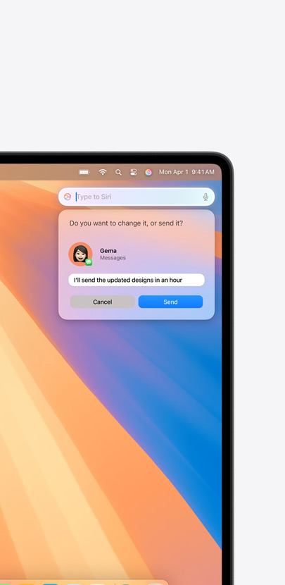 Image d’un écran avec une phrase dans le champ de recherche et des résultats illustrant la fonctionnalité Siri d’Apple Intelligence.