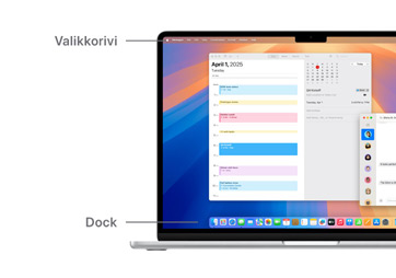 Esittelykierros macOS:ssä navigoinnista, mukana mm. MacBook-laitteen näytön yläreunassa oleva valikkorivi ja Dock.