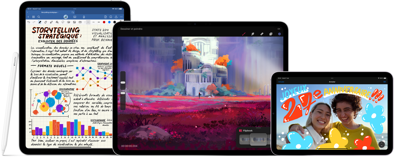 Image d’un iPad Pro en mode paysage qui affiche un dessin coloré. Sur la gauche, un iPad en mode portrait affiche des notes manuscrites, avec un Apple Pencil Pro incliné sur le côté. Sur la droite, un iPad mini en mode paysage affiche une photo avec des illustrations faites à la main. Un Apple Pencil USB‑C est posé à l’horizontale devant l’iPad Pro et l’iPad mini.
