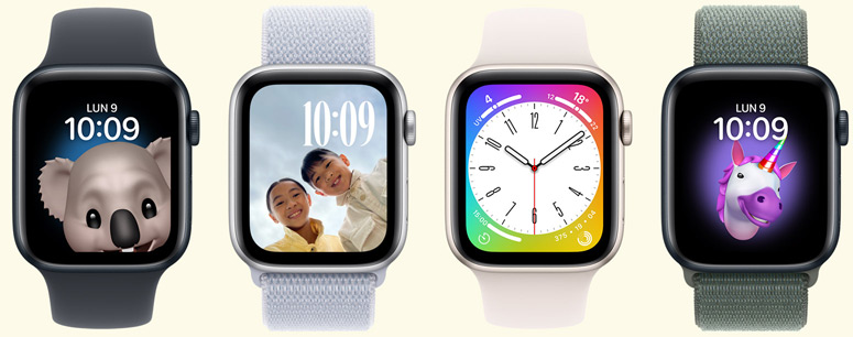Plusieurs Apple Watch affichant des cadrans ludiques et drôles.