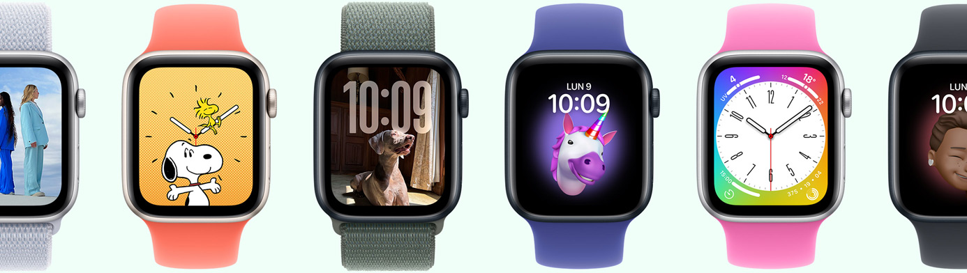 Six Apple Watch montrant différentes options de cadran dont Memoji, Photos, Portrait et Snoopy
