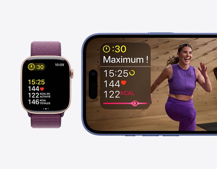 Un iPhone affiche un entraînement dans l’app Apple Fitness+ avec les mesures Durée, Fréquence cardiaque et Calories brûlées, et à côté, une Apple Watch Series 10 affiche également Apple Fitness+ avec le même entraînement et les mêmes mesures. 