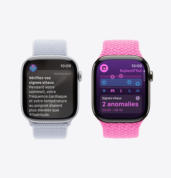 Une Apple Watch Series 10 affiche la notification « Vérifiez vos signes vitaux », et une Apple Watch Series 10 affiche l’app Signes vitaux avec la mention « 2 anomalies » pour les Signes vitaux nocturnes.