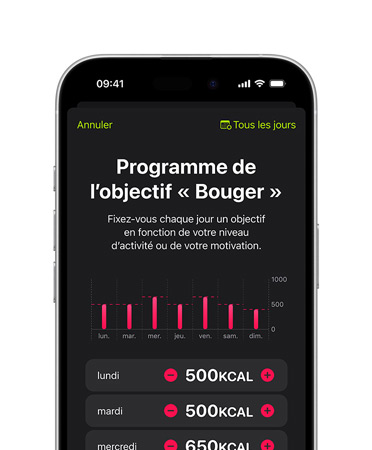 iPhone 16 vu de face, l’interface affiche Objectif Bouger, Programme