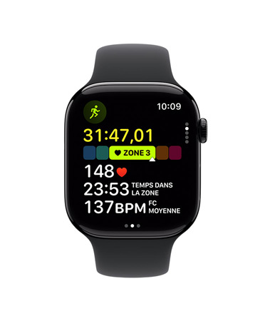 Apple Watch Series 10 avec bracelet Sport noir, vue de face, l’interface affiche Exercice, Course en extérieur, Zones de fréquence cardiaque