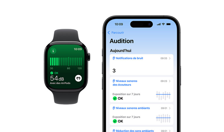 Apple Watch Series 10 avec bracelet Sport noir, l’interface affiche mesure du bruit ; à côté, un iPhone 16 affiche les mentions Audition, Niveaux sonores ambiants et Environnement.